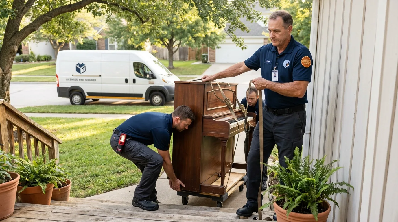 Licensed piano movers securing grand piano in Sutton, MA