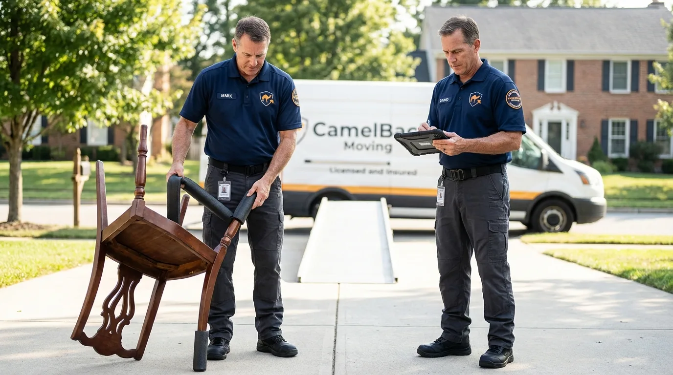 Movers inspecting furniture for damage prevention before loading in Sutton, MA