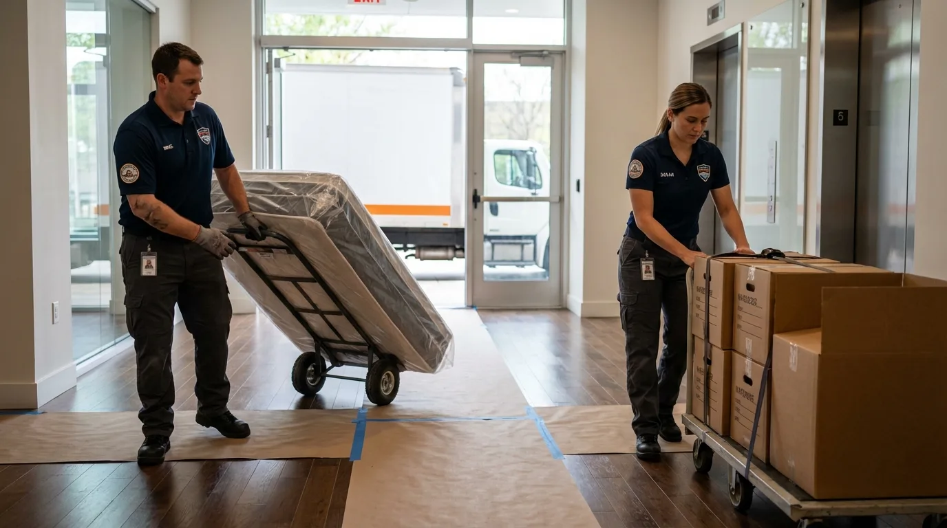 Professional apartment movers loading elevator in Sutton, MA