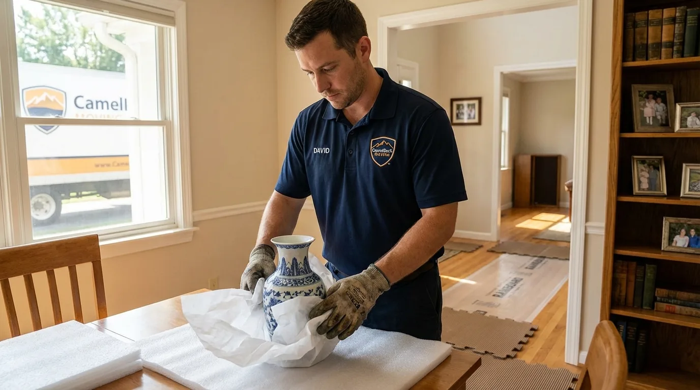 Professional crew carefully wrapping antique vase for senior downsizing move in Sutton, MA