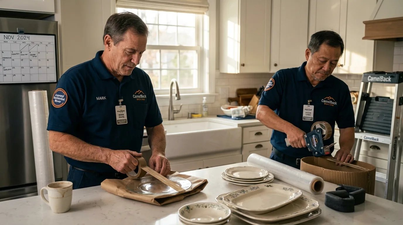 Professional crew packing kitchen dishware in Sutton, MA